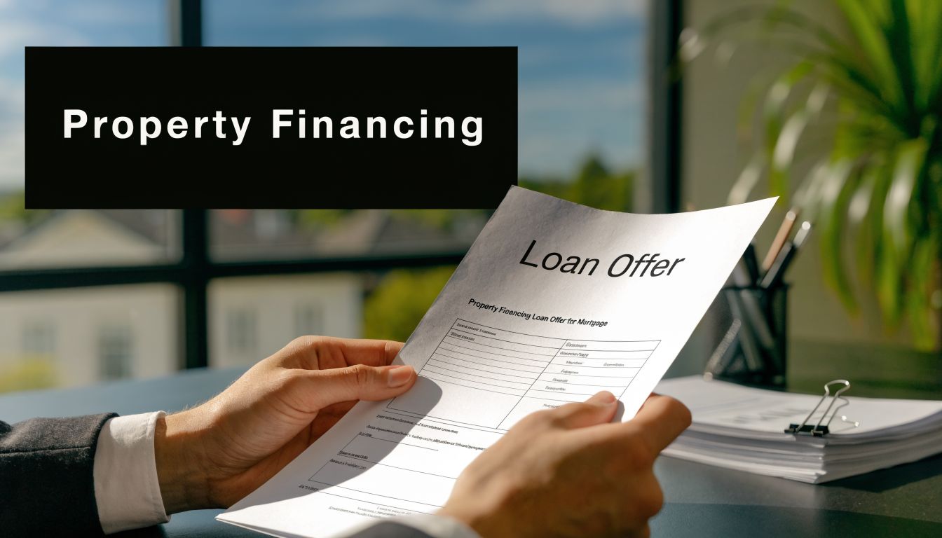 A professional holding a formal property financing loan offer document while sitting at a modern office desk.