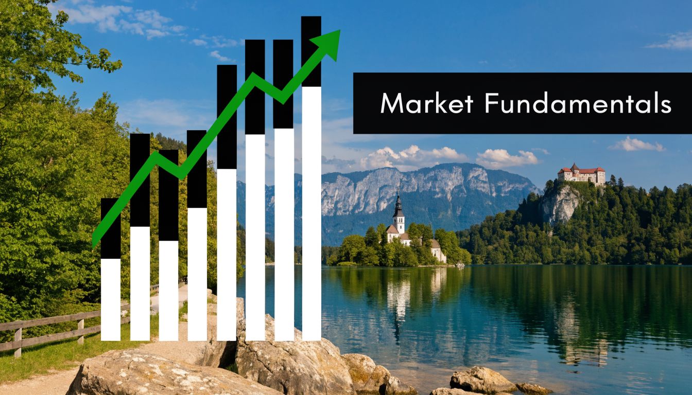 A scenic view of Lake Bled in Slovenia with a superimposed growing financial bar chart overlay.