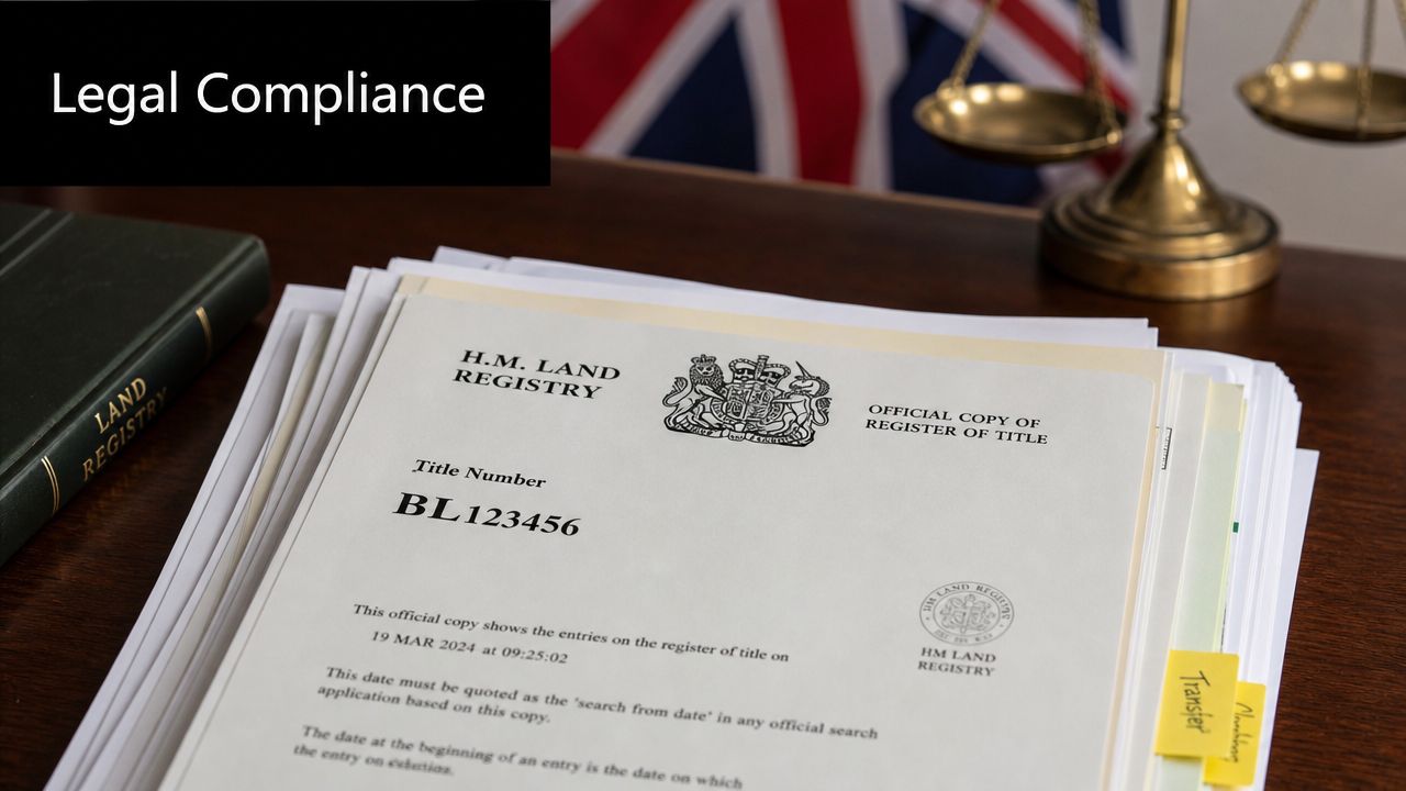 A stack of official H.M. Land Registry documents on a desk with scales of justice and flag.