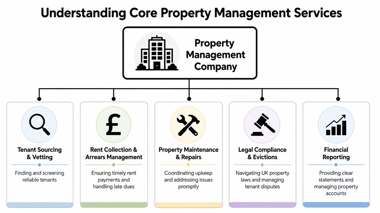 A diagram illustrating the core services provided by professional property management companies for landlords.