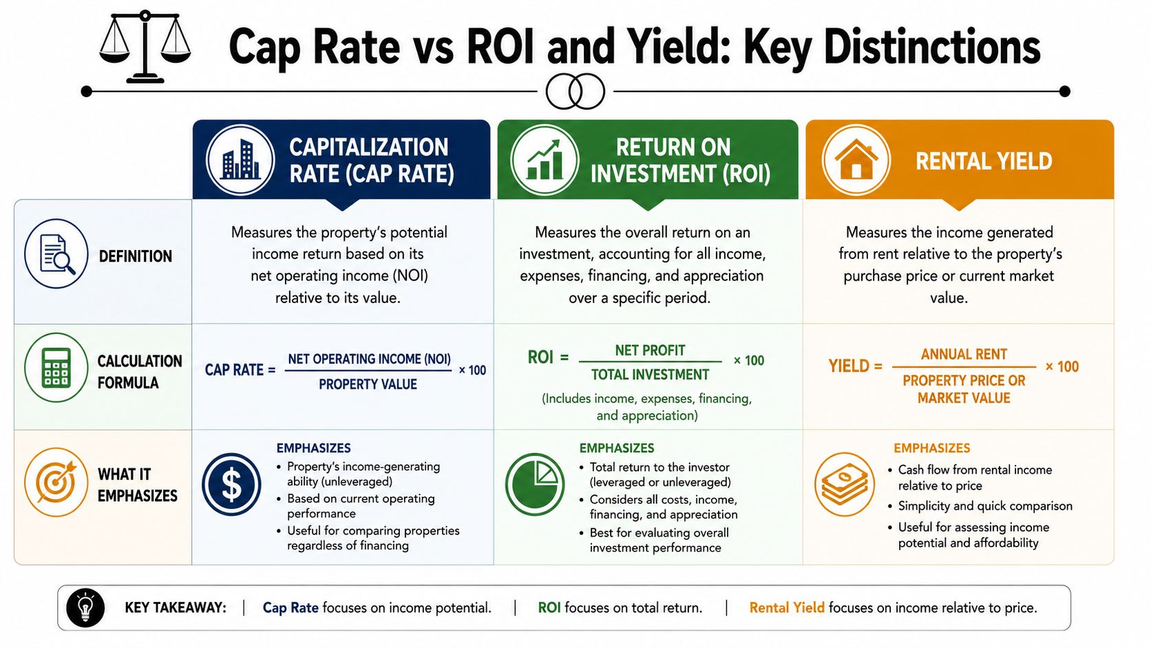 A comparison chart explaining the differences between capitalization rate, return on investment, and rental yield for properties.
