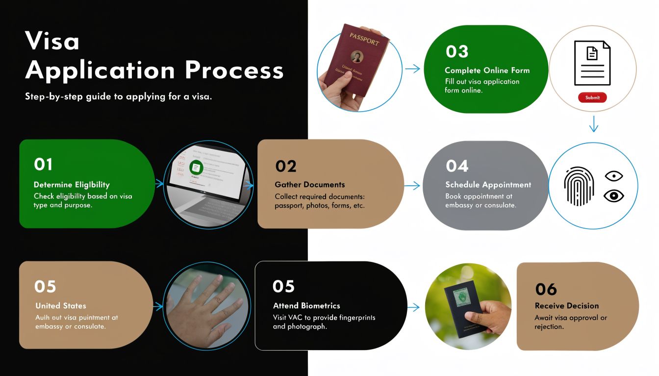 An infographic showing a six-step process for applying for a visa, including requirements and appointments.