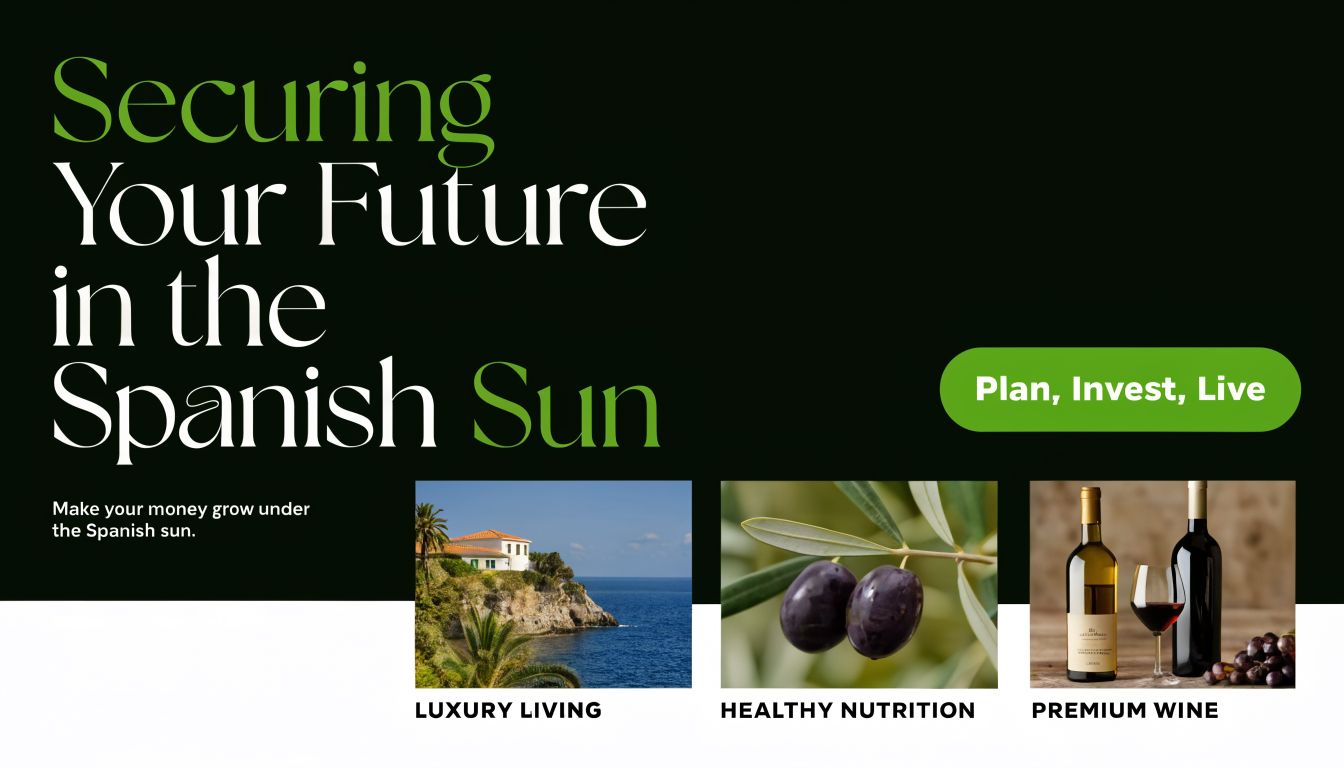 Promotional graphic about financial investment opportunities in Spain featuring luxury coastal living, olives, and premium wine bottles.