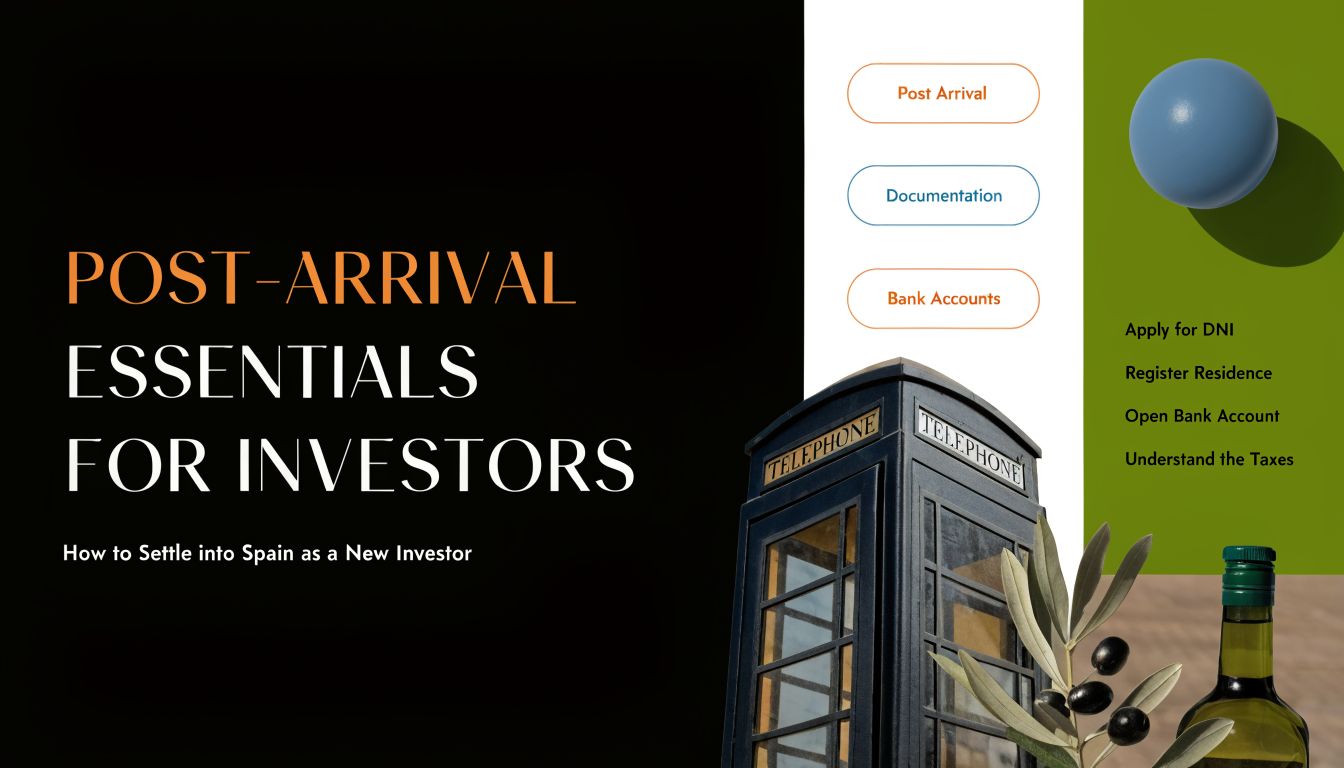 A graphic design cover featuring text about post-arrival essentials for investors settling in Spain with a telephone box.