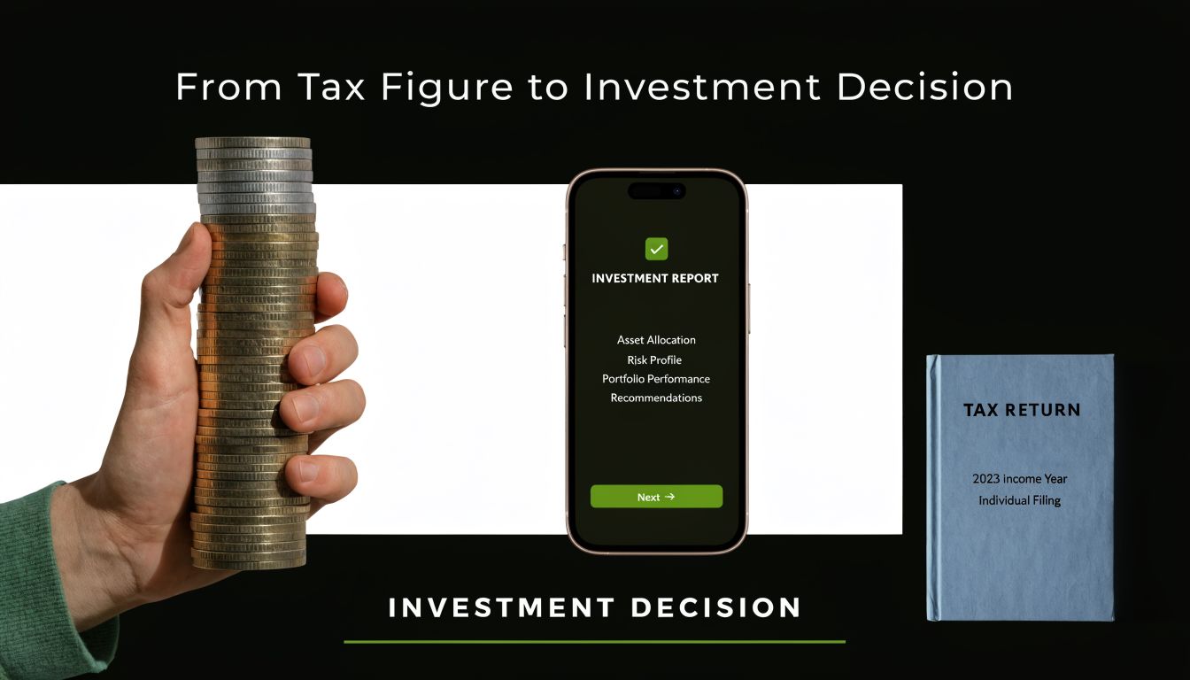 A hand holding a coin stack next to a smartphone showing an investment report and a tax return.