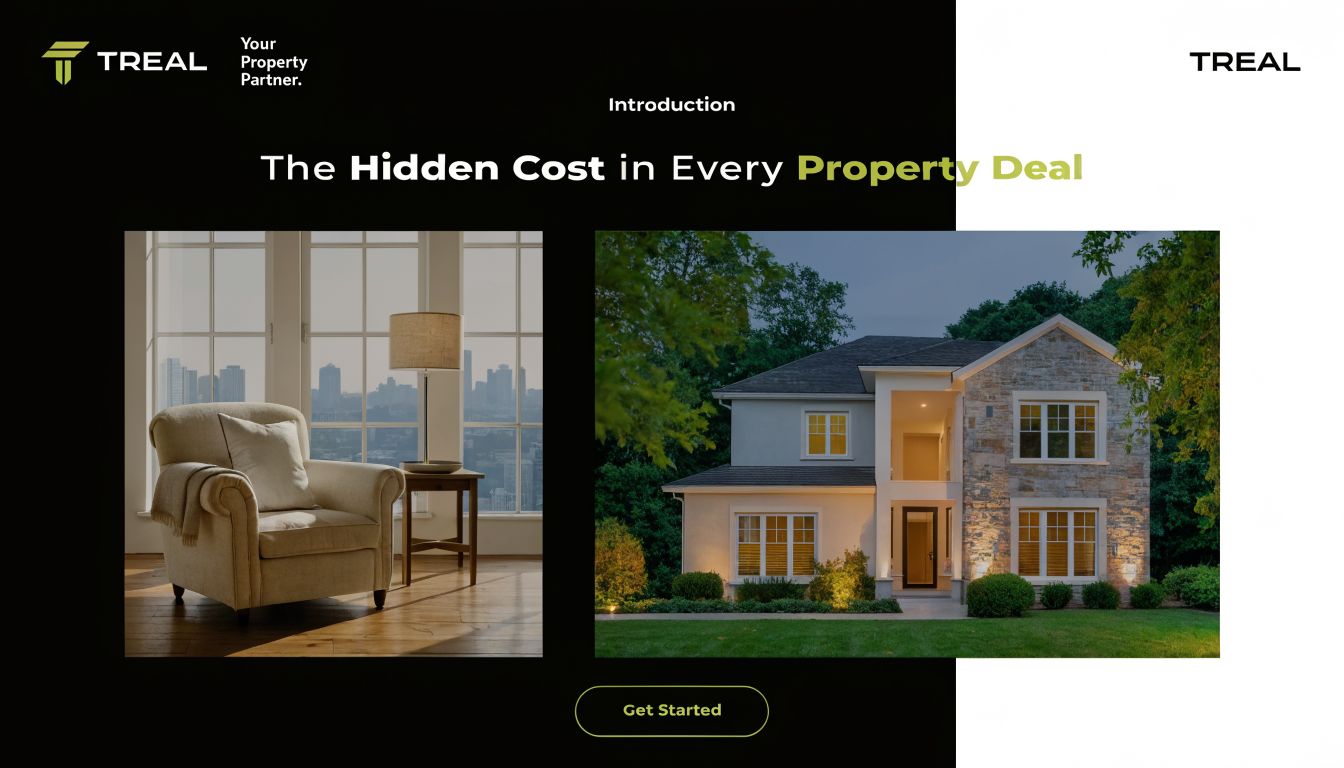 A professional real estate presentation slide featuring a luxurious house and an armchair with city view.
