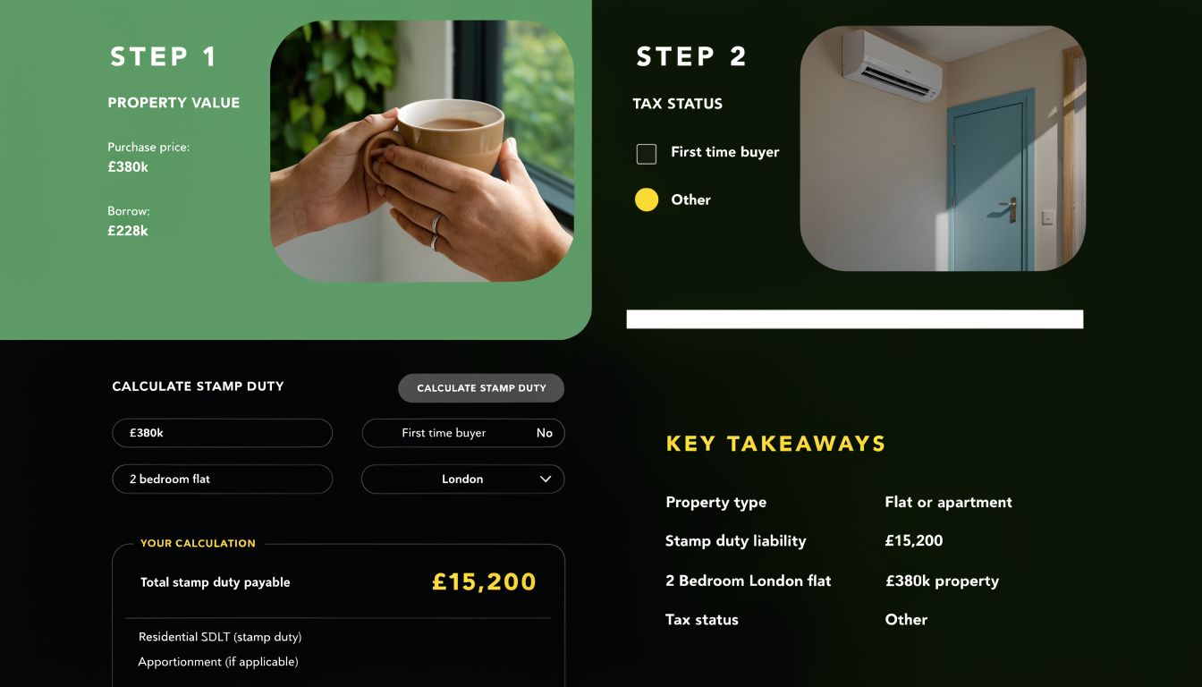 A digital interface showcasing a stamp duty calculator for a property purchase with calculated tax results.