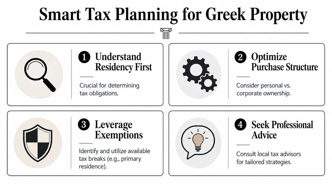 An infographic titled Smart Tax Planning for Greek Property featuring four key steps for property owners.