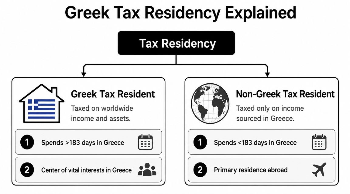 A diagram explaining Greek tax residency, including criteria for residents and non-residents based on time and interests.
