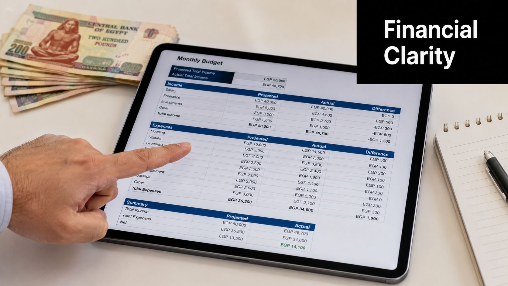 A hand pointing at a tablet displaying a monthly financial budget spreadsheet next to Egyptian currency notes.