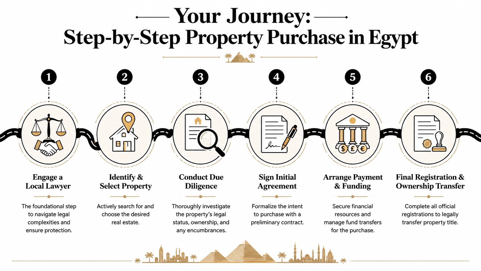 A six-step infographic guide illustrating the process of purchasing real estate property in Egypt.