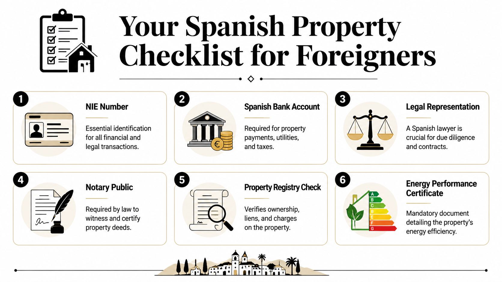 A checklist for foreigners looking to buy property in Spain, featuring six essential legal and financial steps.