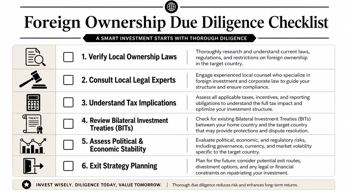 A checklist infographic detailing six essential steps for conducting due diligence when considering foreign business ownership.