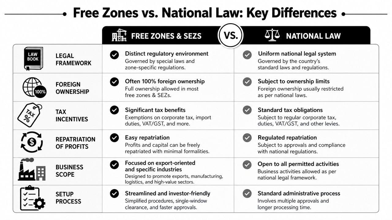 A comparison chart outlining key differences between free zones and SEZs versus standard national law regulations.