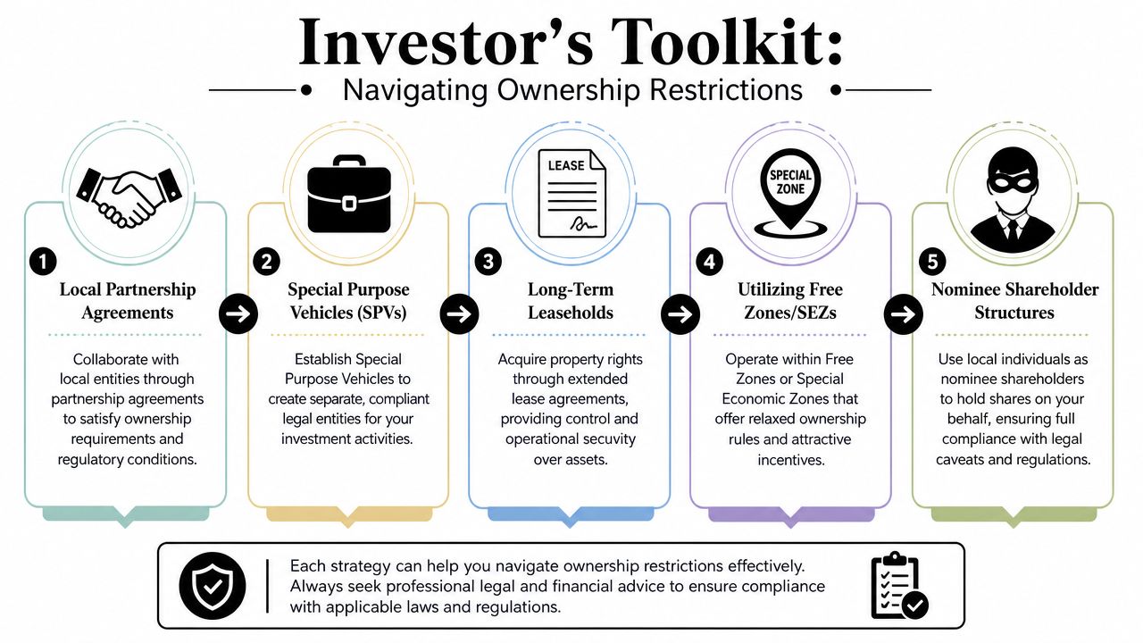 A toolkit infographic showing five strategies for foreign investors to navigate complex international ownership restrictions and regulations.