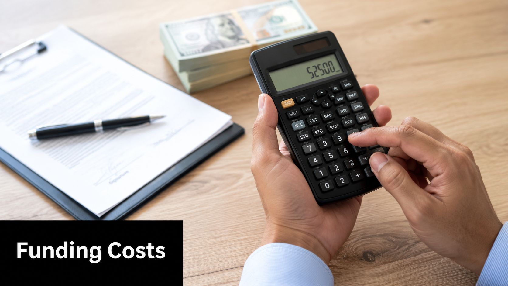 A person using a calculator to calculate financial data next to a stack of cash.