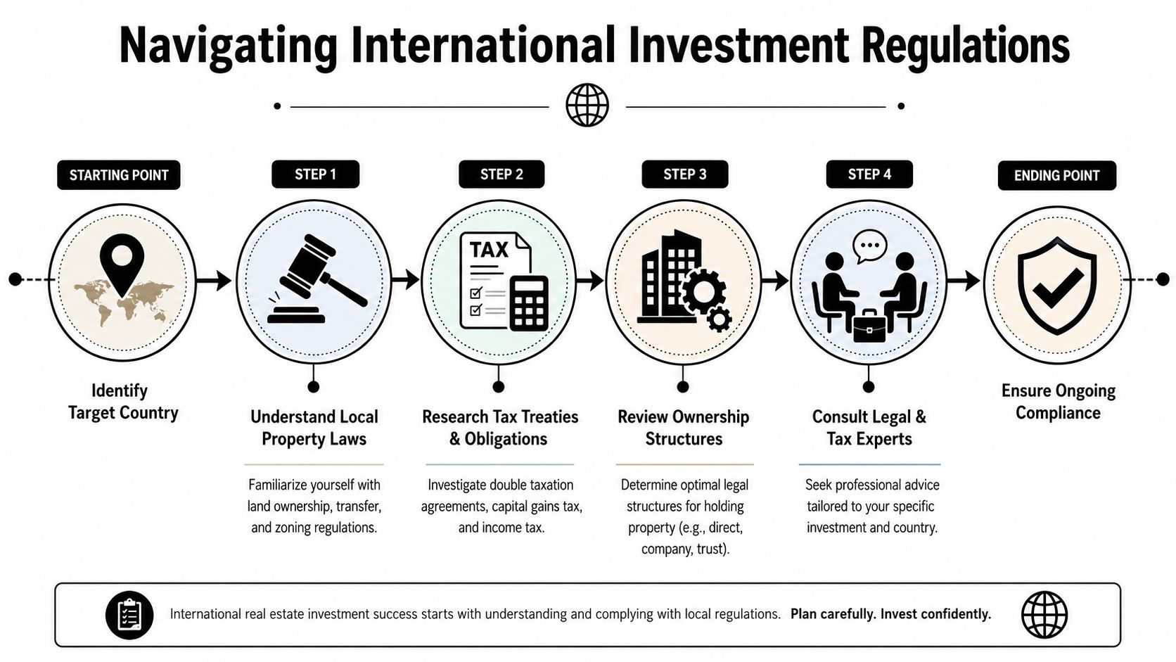 An infographic showing a six-step process for navigating international real estate investment regulations and legal compliance.