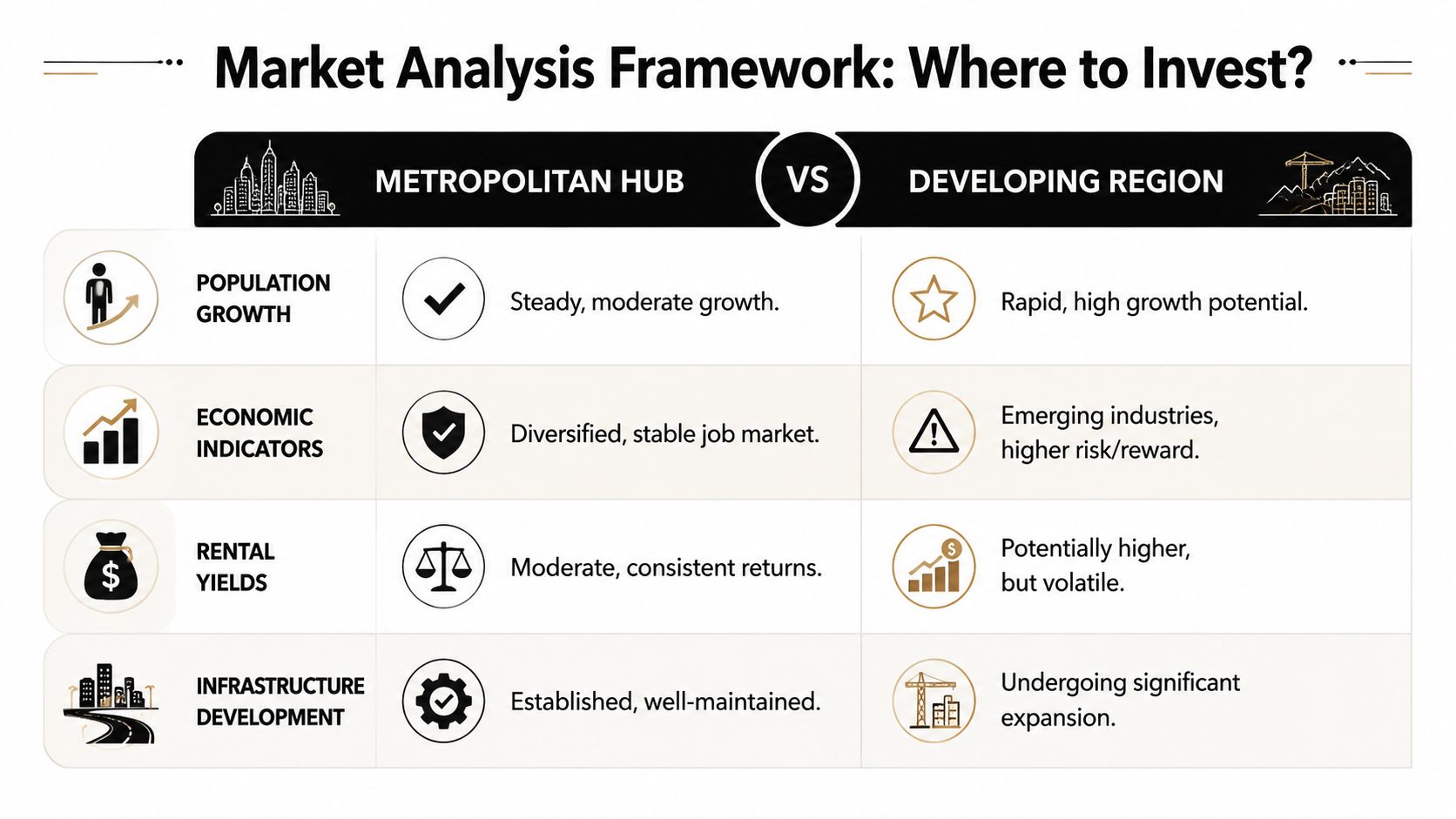 A comparison chart showing investment characteristics between a metropolitan hub and a developing region.