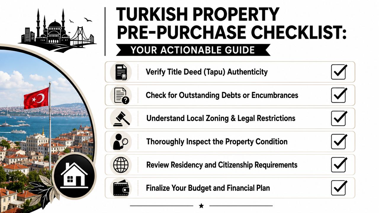 A checklist for buying property in Turkey featuring six essential steps for potential real estate investors.