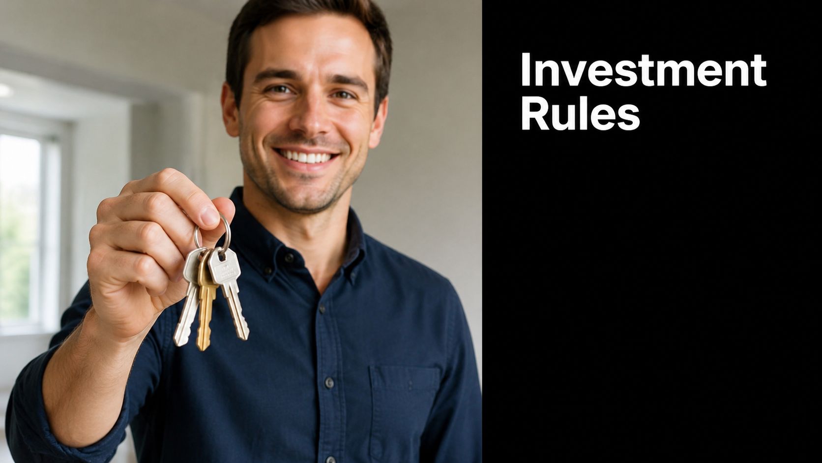 A smiling man in a dark shirt holding a set of house keys for real estate investment.