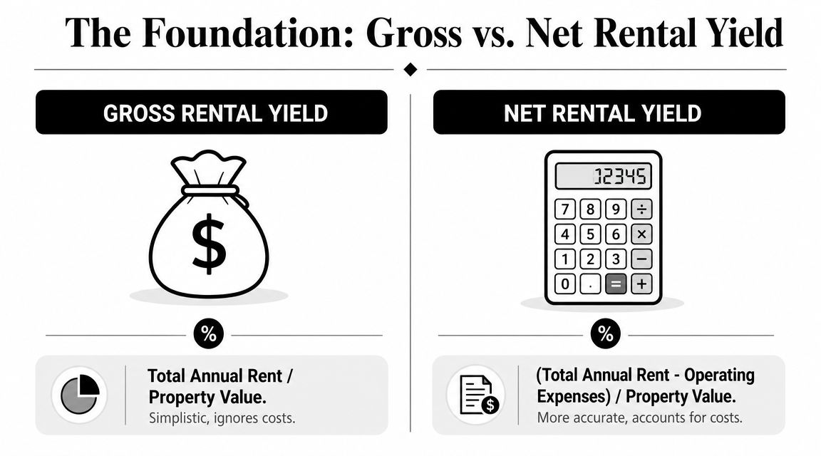 An infographic comparing gross rental yield versus net rental yield with simplified calculation formulas.