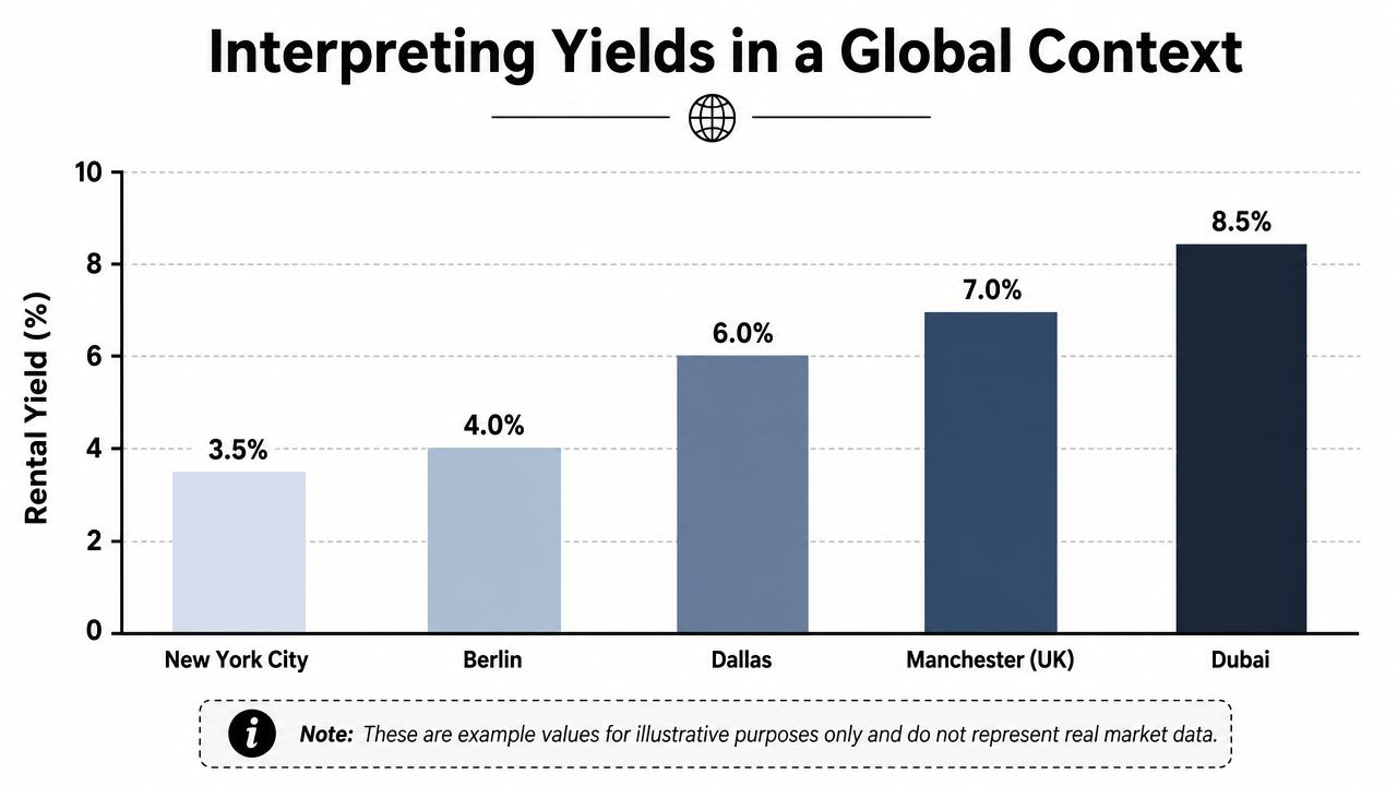 A bar chart comparing example annual rental yields for New York City, Berlin, Dallas, Manchester, and Dubai.