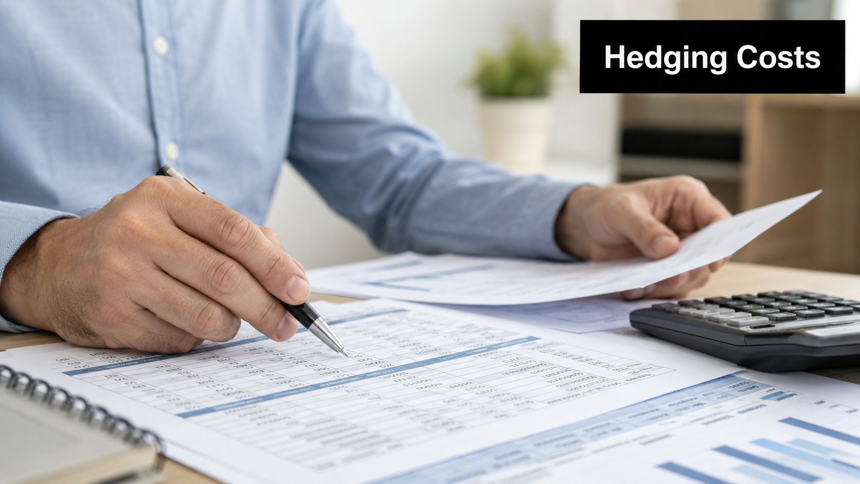 A professional analyzing financial documents with a pen and calculator at a desk for hedging costs.