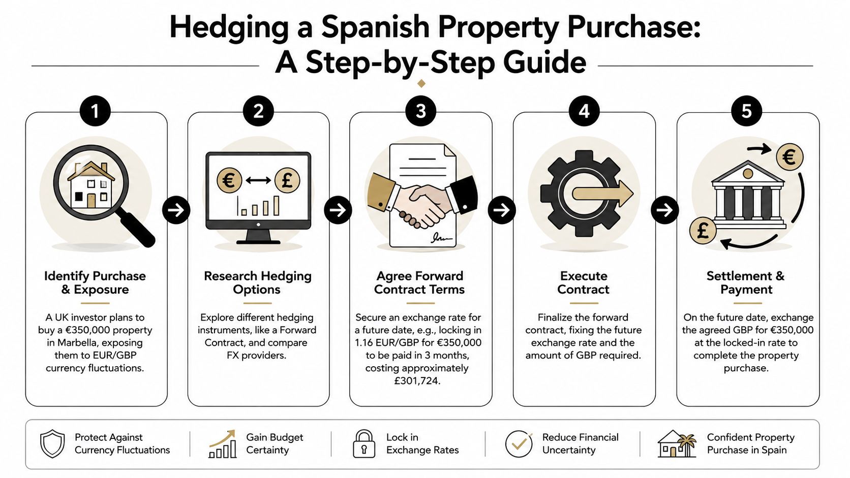 A five-step infographic guide explaining how a UK investor can hedge currency risk when purchasing Spanish property.