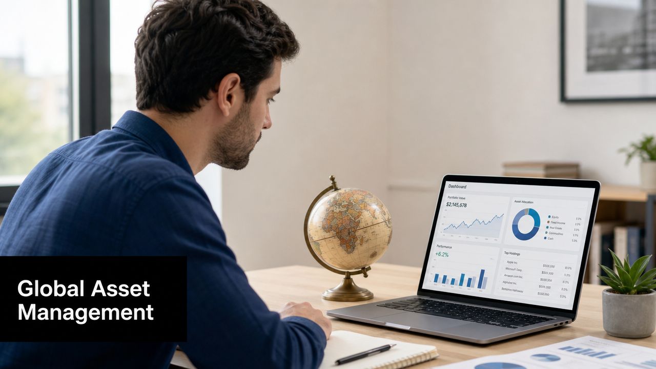 A professional analyzing global investment assets on a laptop screen with a globe on his desk.