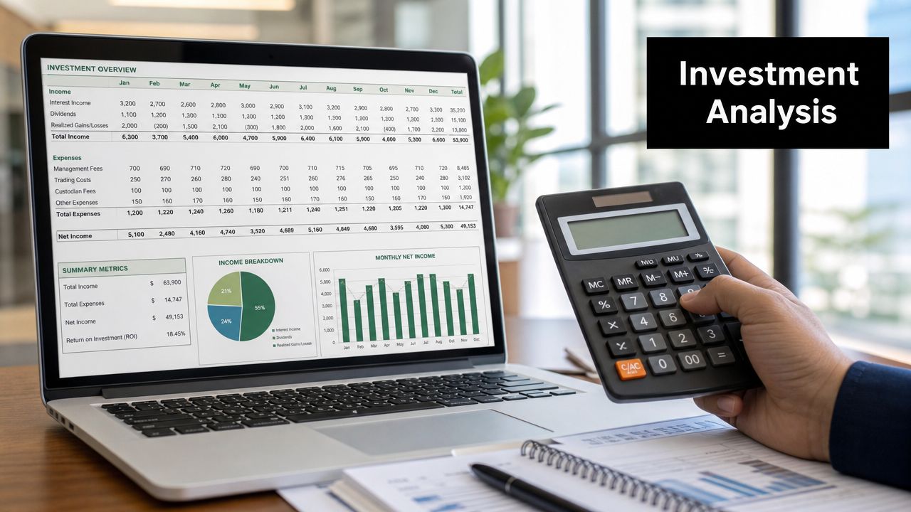 A professional analyzing a monthly investment financial report displayed on a laptop screen next to a calculator.