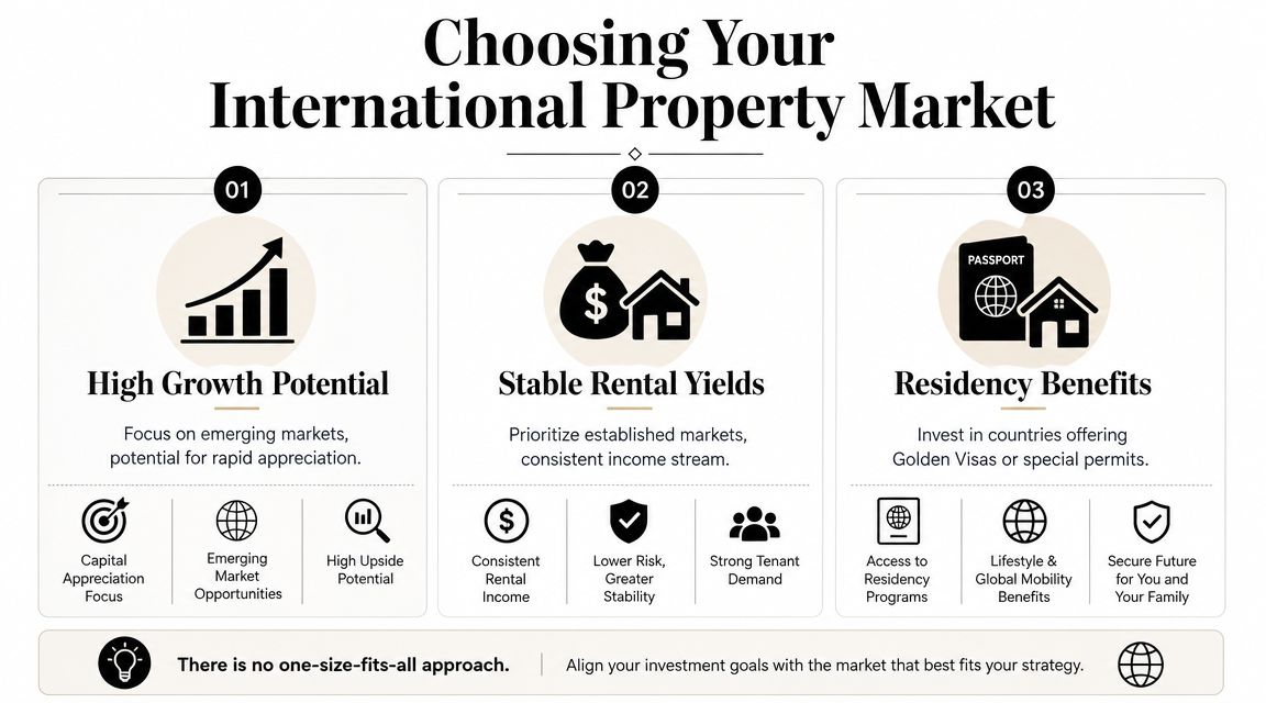 An infographic titled Choosing Your International Property Market showing three strategic investment approaches for foreign real estate.