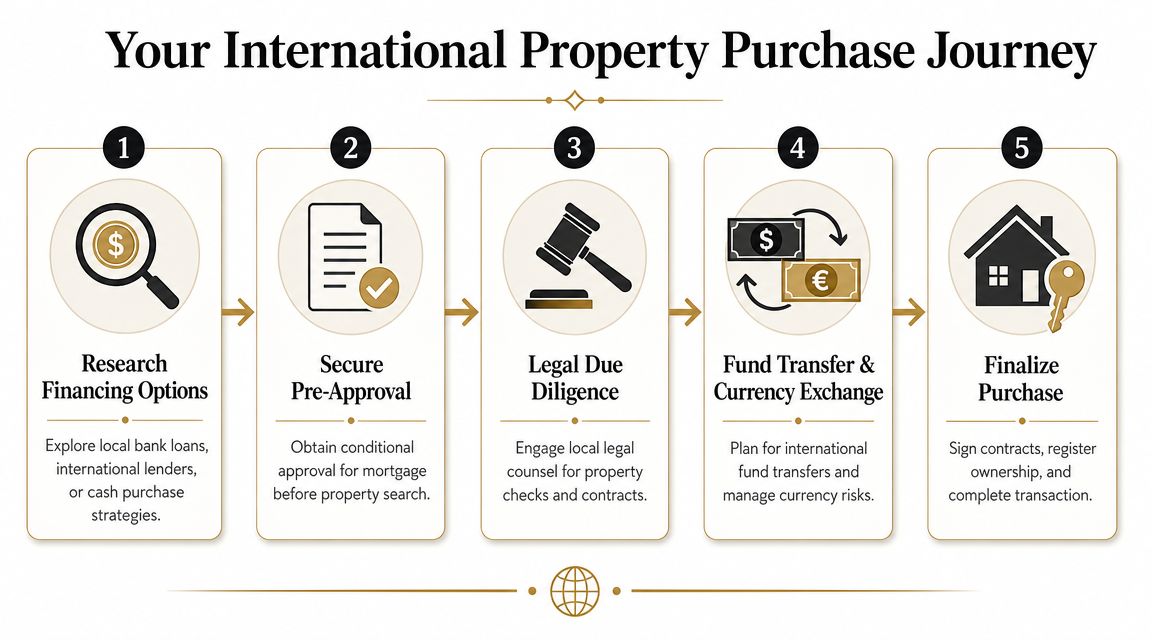 A five-step infographic detailing the international property purchase journey from financing to finalization.