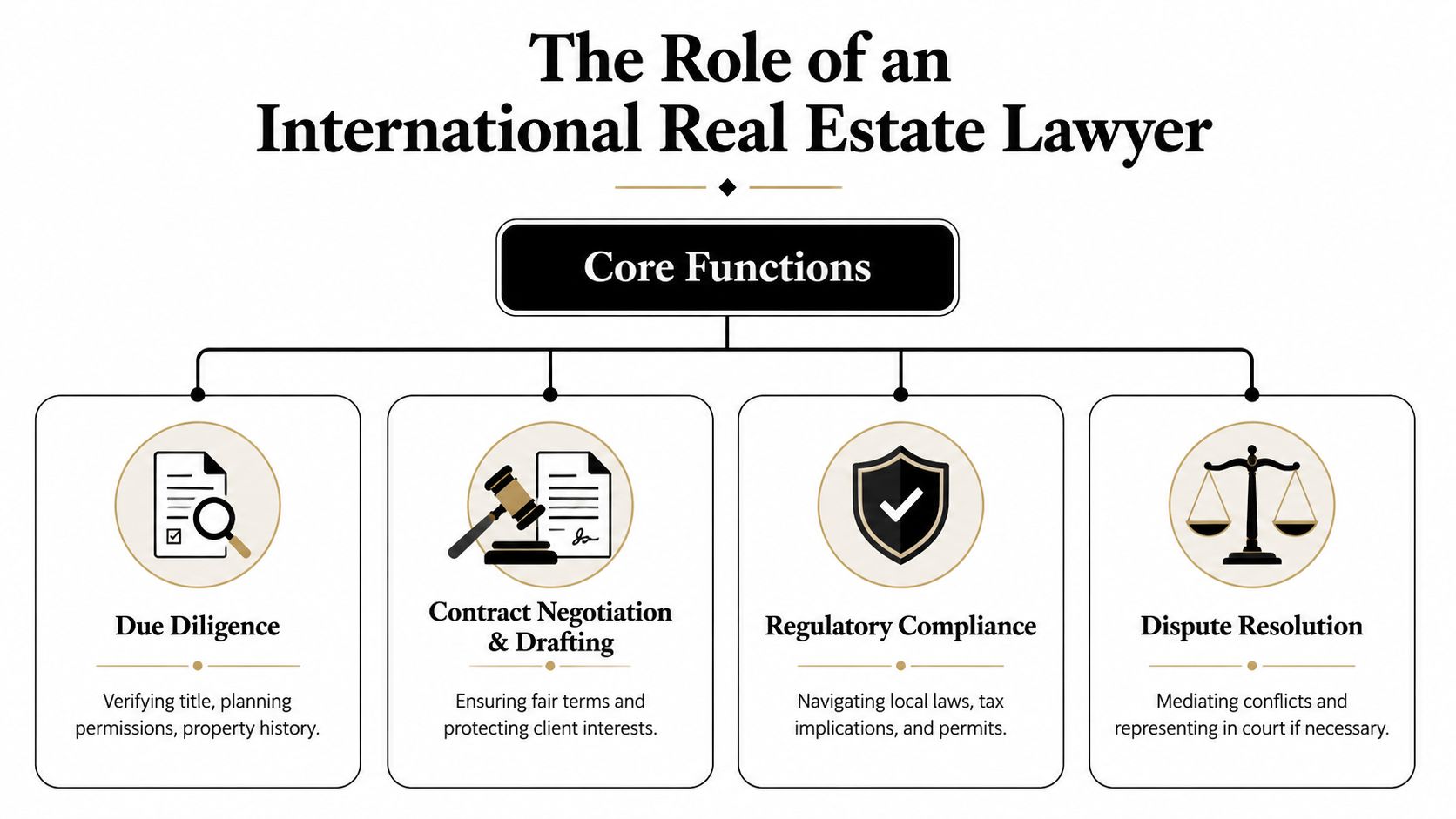 An infographic titled The Role of an International Real Estate Lawyer, listing four core functions: due diligence, contract negotiation, regulatory compliance, and dispute resolution.