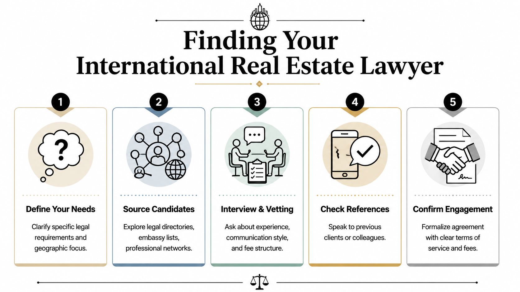A five-step infographic guide on how to successfully find an international real estate lawyer for your property.