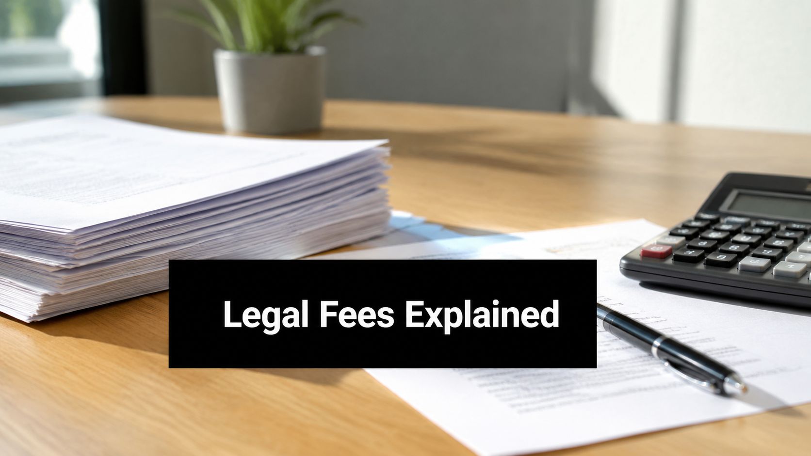 A stack of legal documents with a calculator and a pen on a desk for understanding legal fees.
