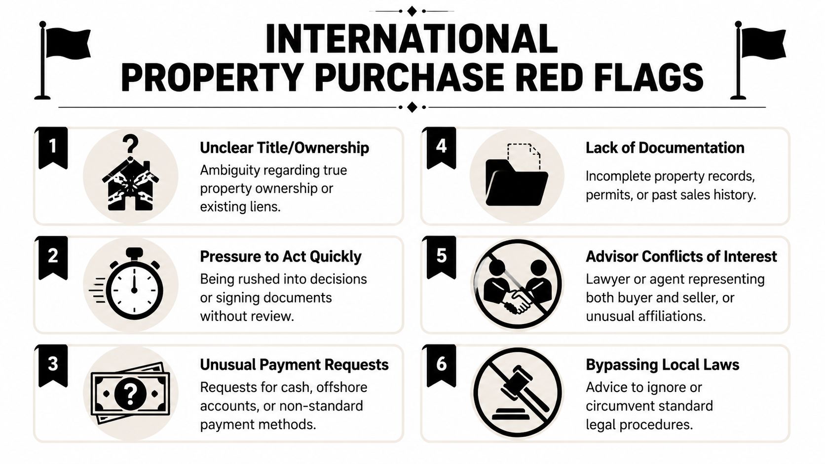 An infographic titled International Property Purchase Red Flags listing six common warnings for foreign real estate investments.
