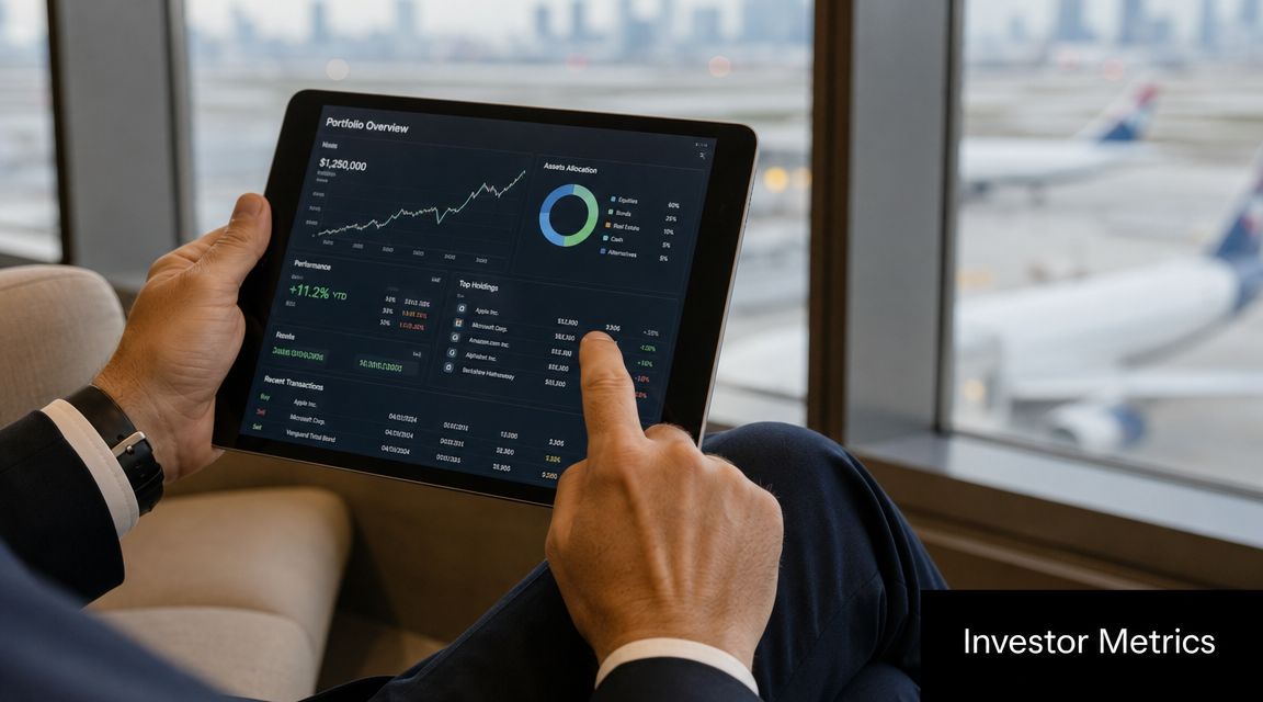 A businessman reviews investment portfolio performance metrics on a tablet while sitting by an airport window.