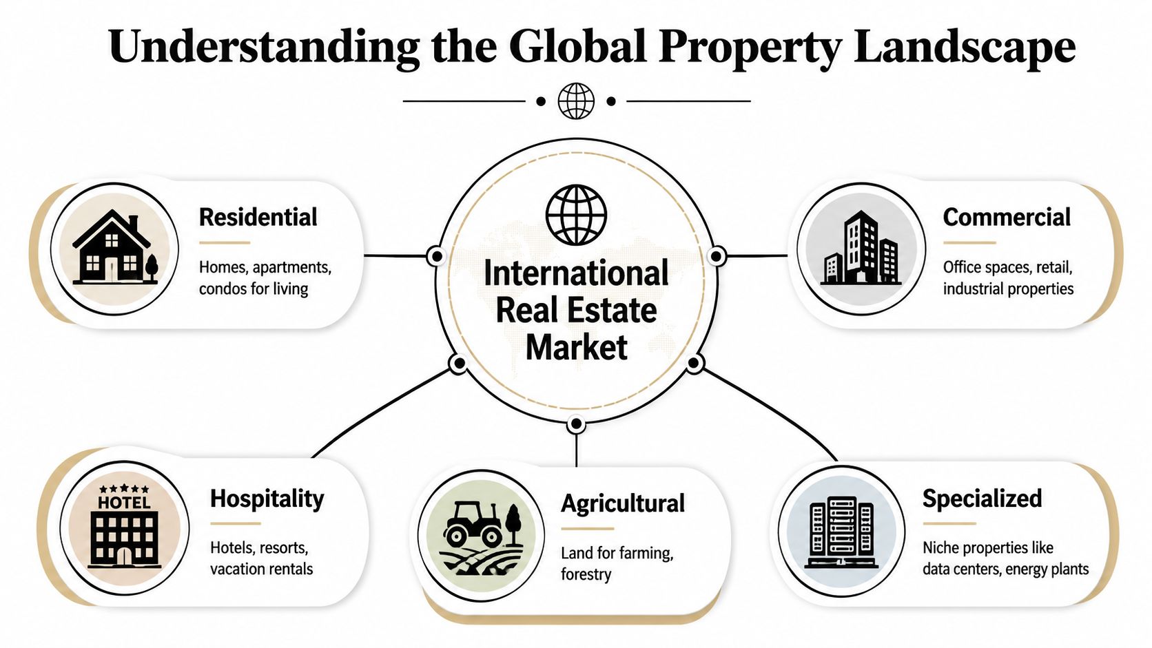 A diagram categorizing the global property landscape into five real estate market sectors with illustrative icons.