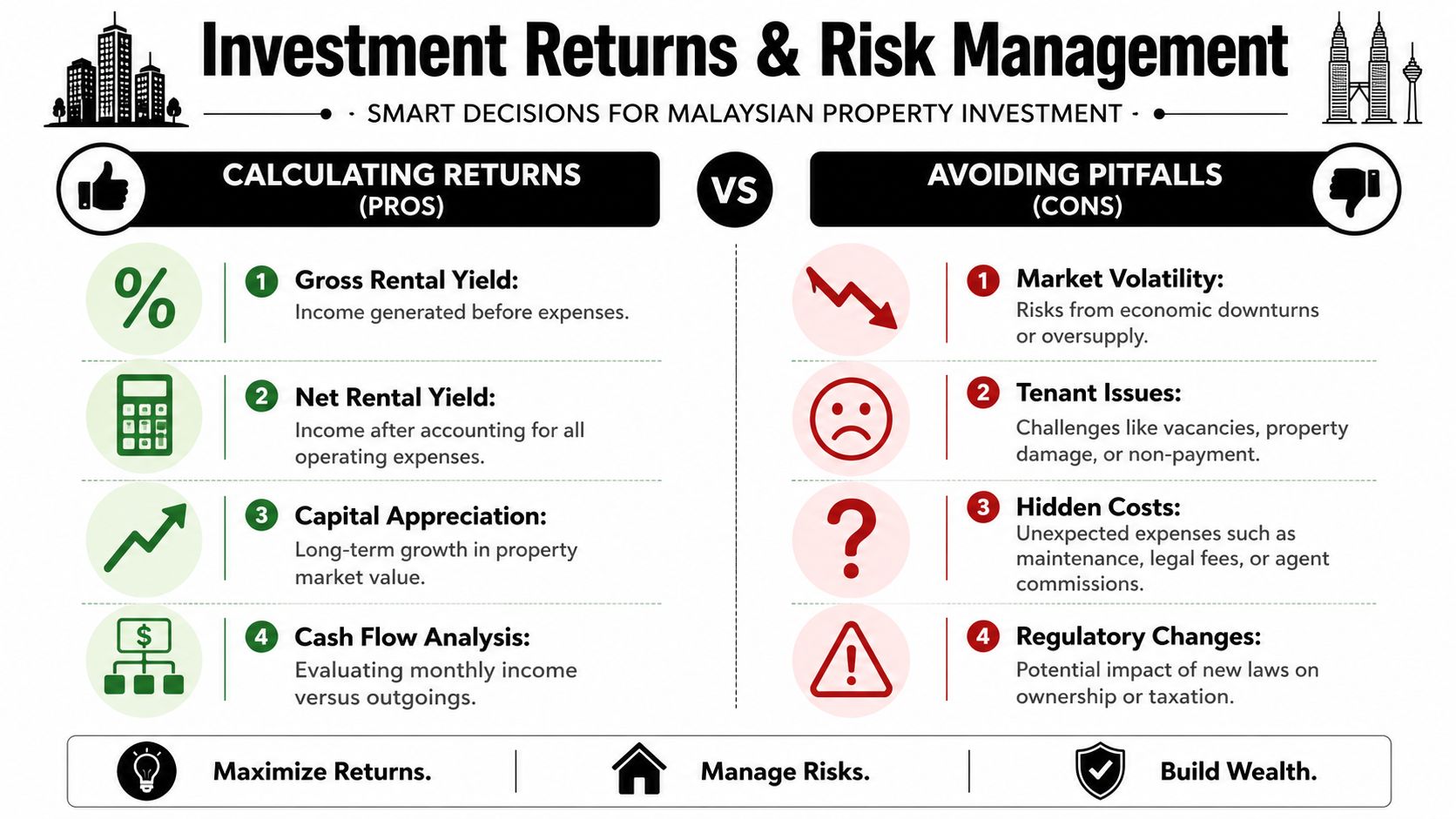 An infographic titled Investment Returns and Risk Management outlining pros and cons for Malaysian property investment.