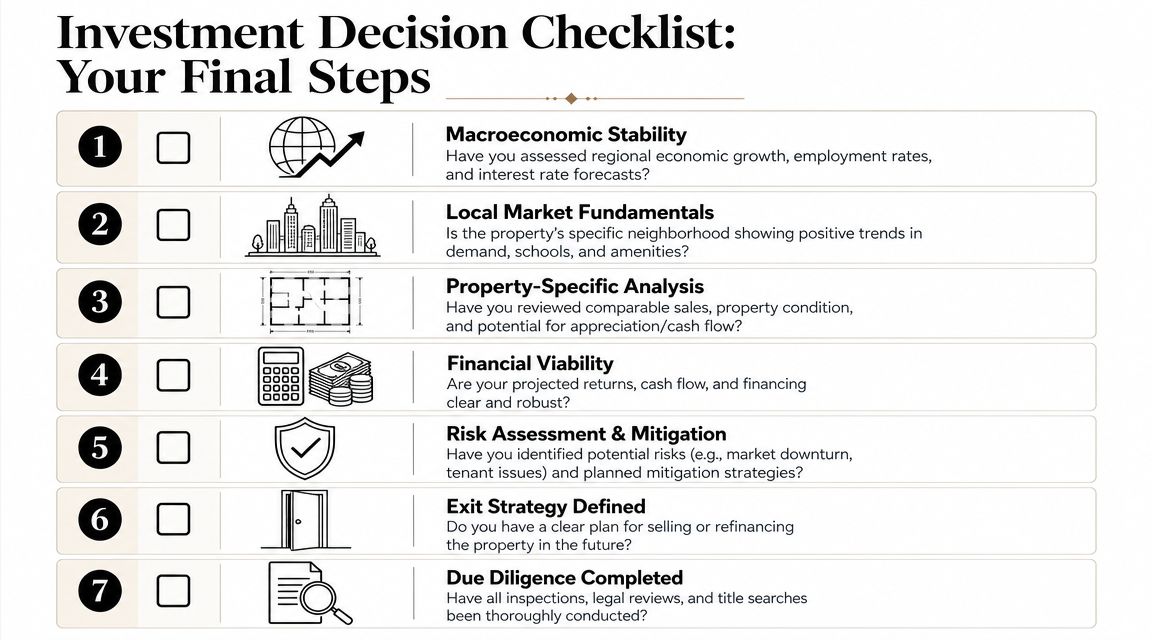 A numbered investment decision checklist infographic outlining seven essential steps for successful real estate property analysis.