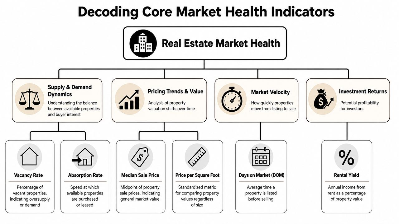 A diagram illustrating core real estate market health indicators, including supply, demand, pricing trends, velocity, and returns.