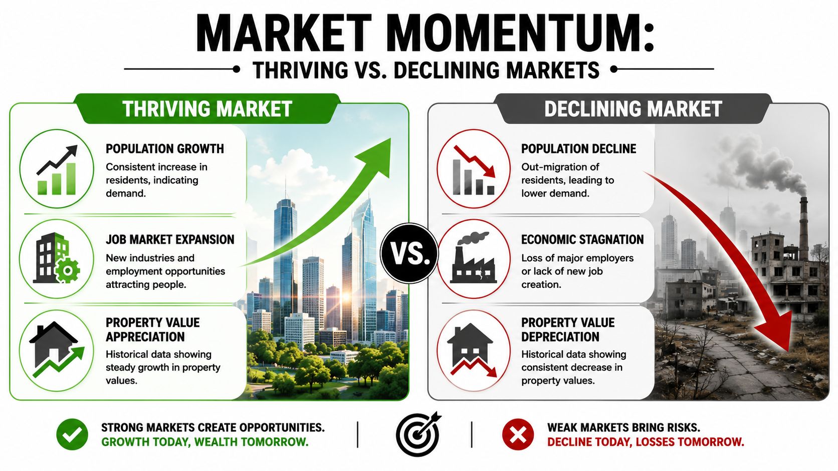 A comparative infographic showing key economic differences between thriving markets and declining markets for real estate analysis.