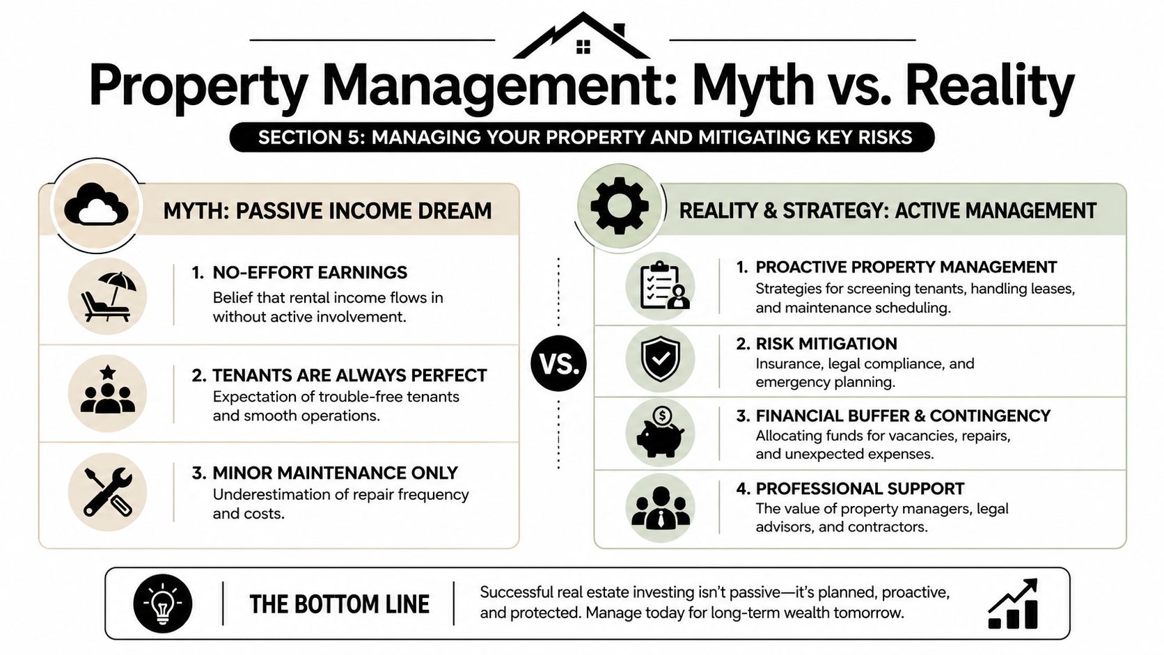 An infographic contrasting the myth of passive rental income against the reality of active property management strategies.