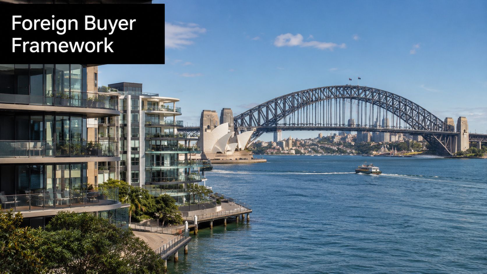 Modern apartment buildings overlooking the Sydney Harbour Bridge and Opera House on a sunny day.