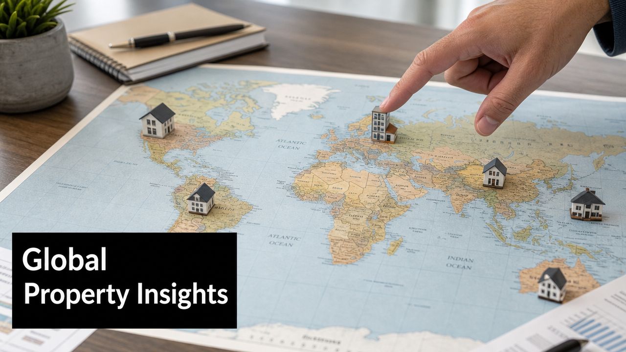 A hand pointing to a model building on a world map representing global real estate investment.
