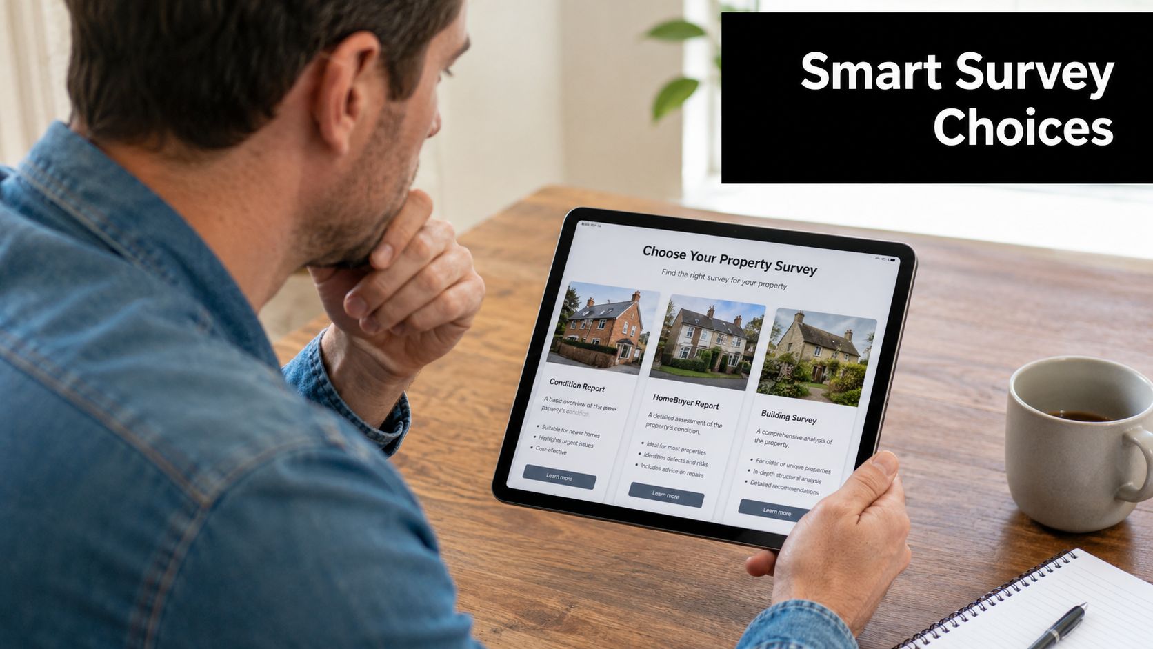 A man sits at a wooden table looking at three property survey options on a tablet screen.