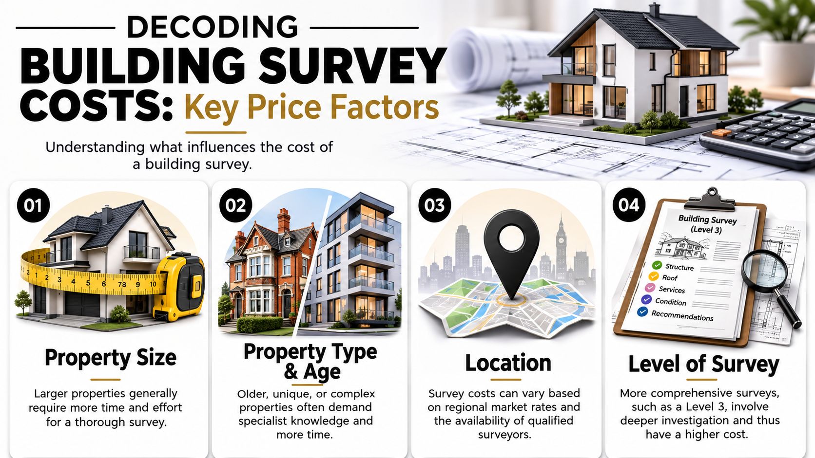 An infographic titled Decoding Building Survey Costs illustrating four key factors affecting property survey pricing.