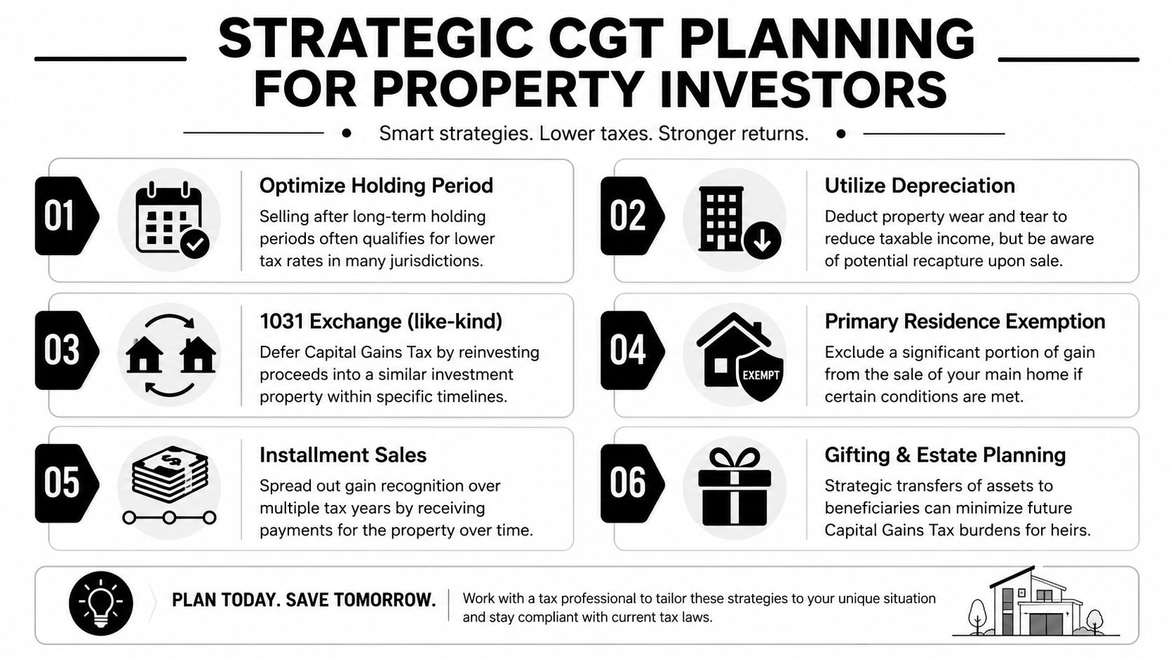 An infographic titled Strategic CGT Planning for Property Investors outlining six tips to lower capital gains tax.