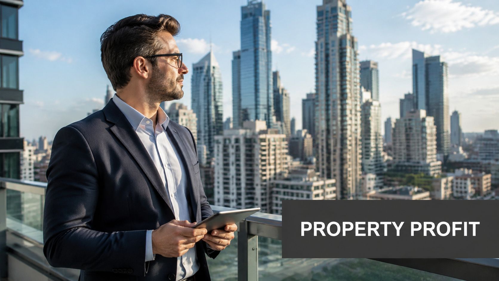 A professional man in a suit holding a tablet looking out over a city skyline.
