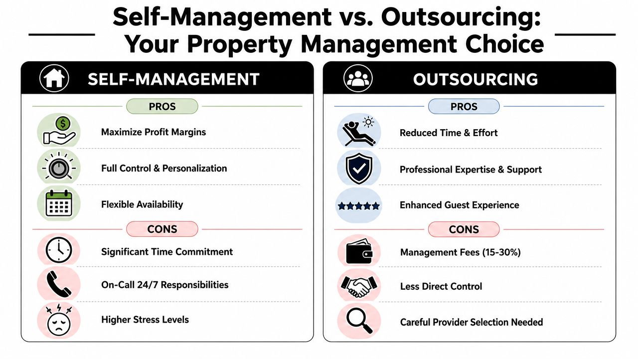 A comparison chart outlining the pros and cons of self-management versus outsourcing for holiday rental property management.